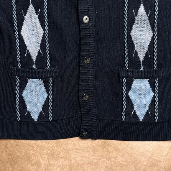 Vintage 90s Haband Argyle Diamond Cardigan Sweater Knit Navy Blue Pockets - Picture 4 of 6
